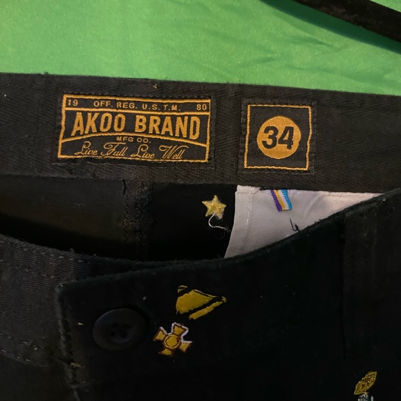 Akoo Brand Black Pants Embroidered Military Metals Pattern Size 34 Fit Cuffs - Picture 3 of 11